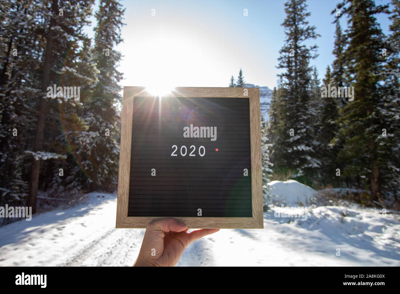 2020 Neue Jahre schreiben Inspiration Board in den Bergen in der Nähe von Banff Stockfoto