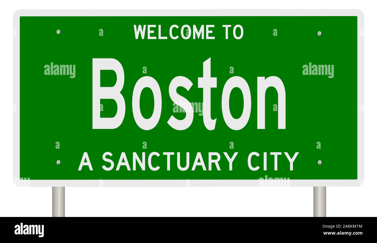 Rendering von einem grünen 3d Autobahn Zeichen für Boston, ein Heiligtum Stadt Stockfoto