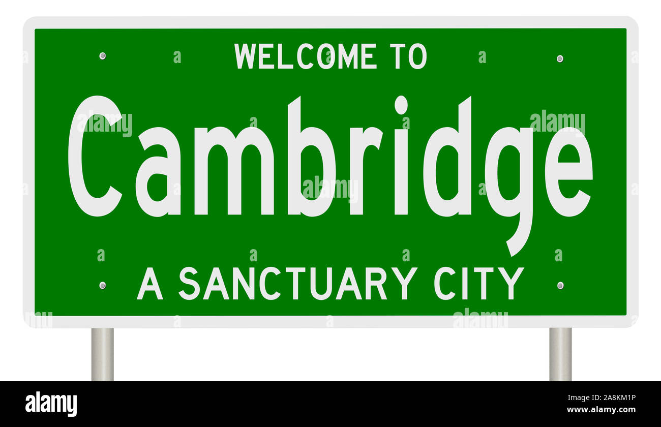 Rendering von einem grünen 3d Autobahn Zeichen für Cambridge, ein Heiligtum Stadt Stockfoto