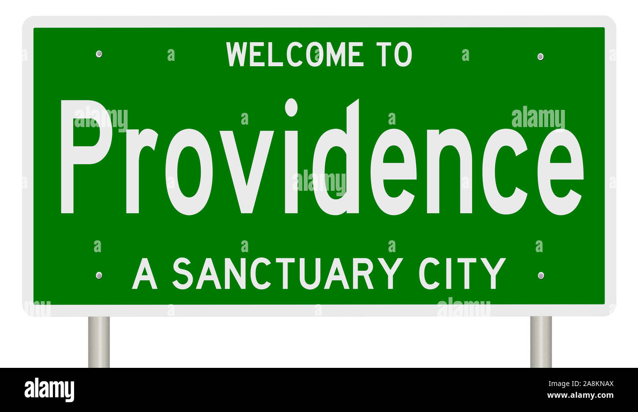 Rendering von einem grünen 3d Autobahn Zeichen für die Göttliche Vorsehung, ein Heiligtum Stadt Stockfoto