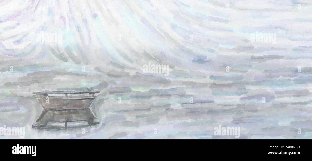 Watercolor Illustration: Mündung eines Staudamms im Morgennebel mit glatter See Oberfläche und einem Nadelwald der ein Mittelgebirge in der backgro Stockfoto
