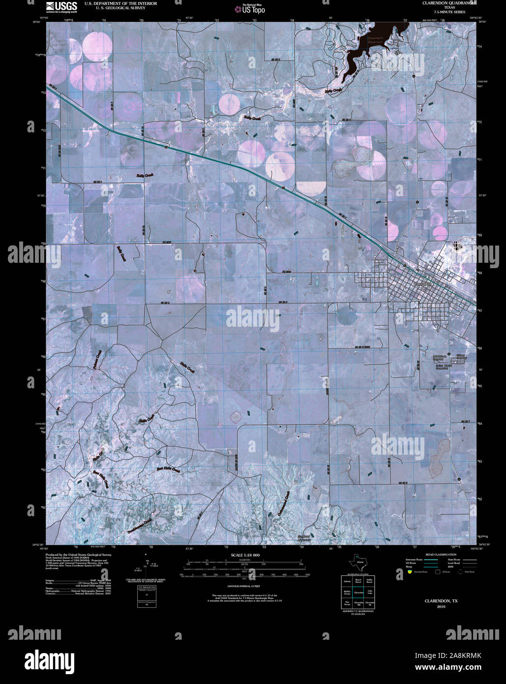 USGS TOPO Karte Texas TX Clarendon 20100305 TM invertiert Wiederherstellung Stockfoto