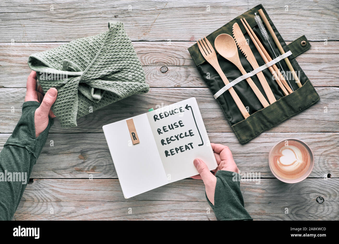 Flach, null Abfall Mittagessen mit Holz-, Besteck, Lunch Box in Textil-, Kaffee in wiederverwendbare Cup. Nachhaltiger Lebensstil, Hand halten nicht Stockfoto