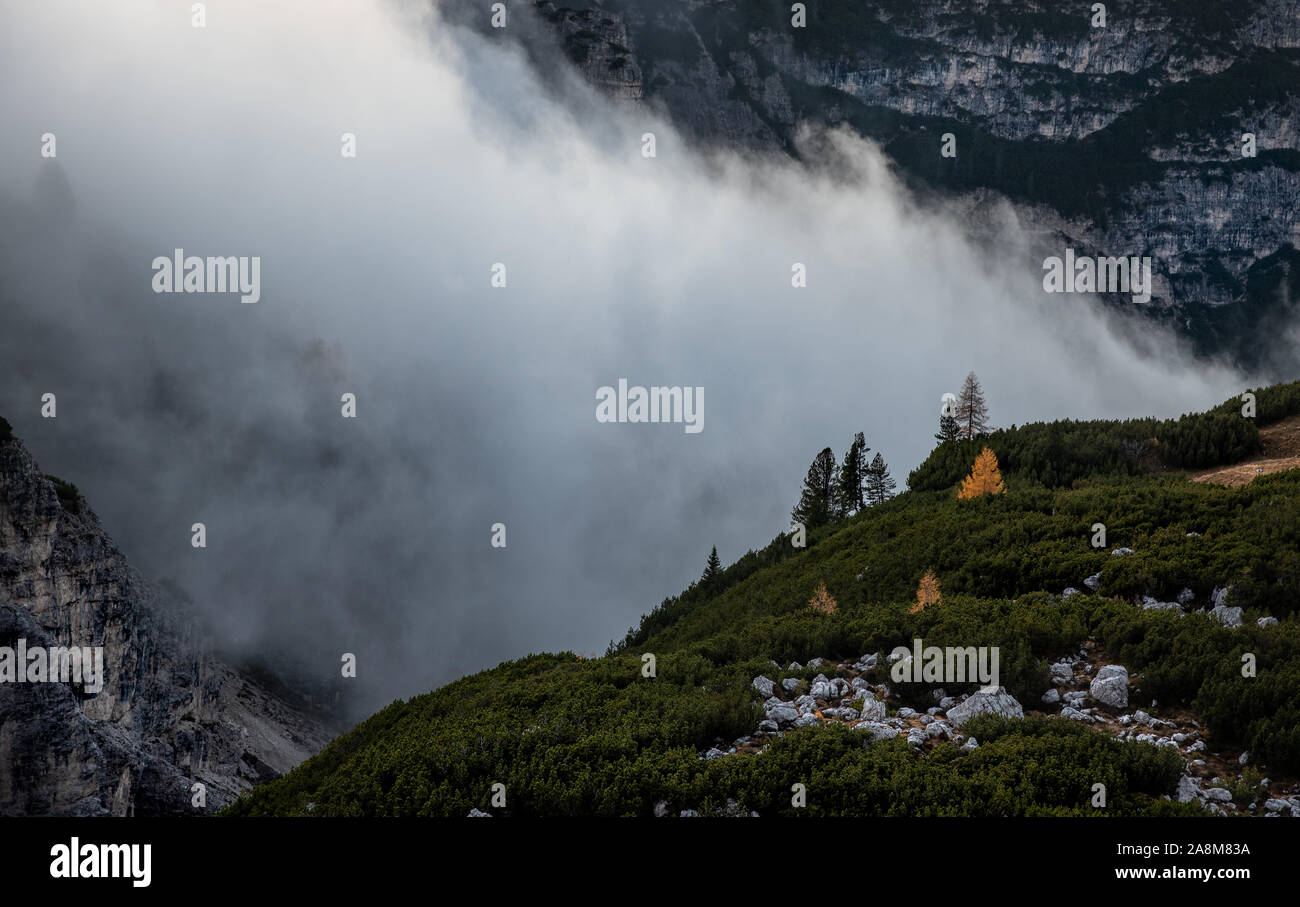 Berglandschaft mit Nebel, spät am Abend des malerischen Dolomiten im Tre Cime Wanderweg Bereich in Südtirol in Italien. Stockfoto