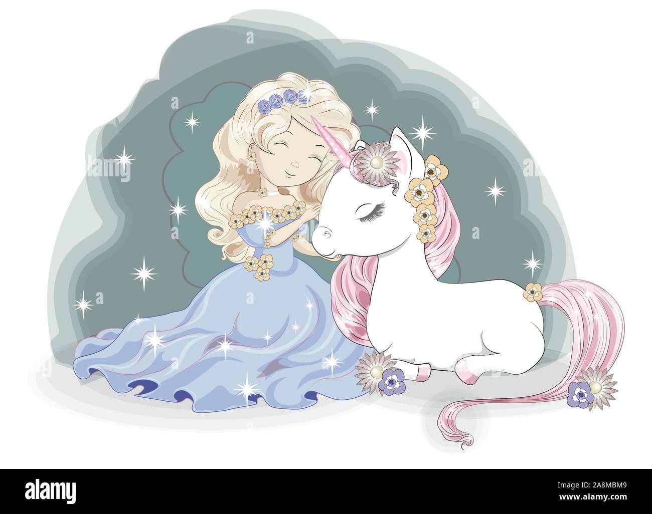 Prinzessin Mädchen blond und Magic White unicorn, im Blumengarten. Bild in der Hand Zeichnung Stil, für t-shirt fashion Print Design, Gruß birthd Stock Vektor