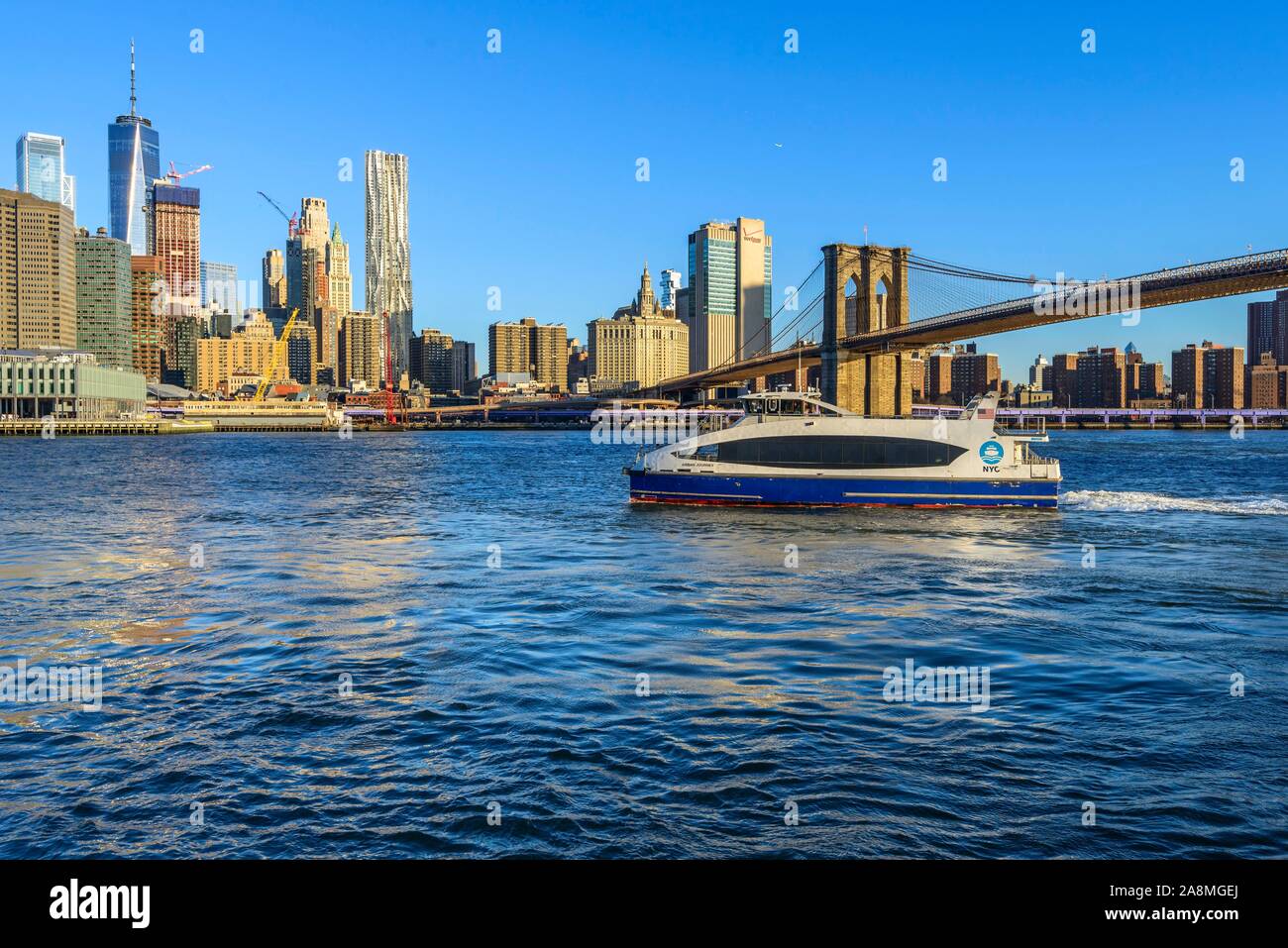 Fähre, NYC Fähre auf den East River, den Blick vom Pier 1 nach Manhattan Skyline, Manhattan Bridge, Dumbo, Downtown Brooklyn, Brooklyn, New York Stockfoto Fähre, NYC Fähre auf den East River, den Blick vom Pier 1 nach Manhattan Skyline, Manhattan Bridge, Dumbo, Downtown Brooklyn, Brooklyn, New York Stockfoto