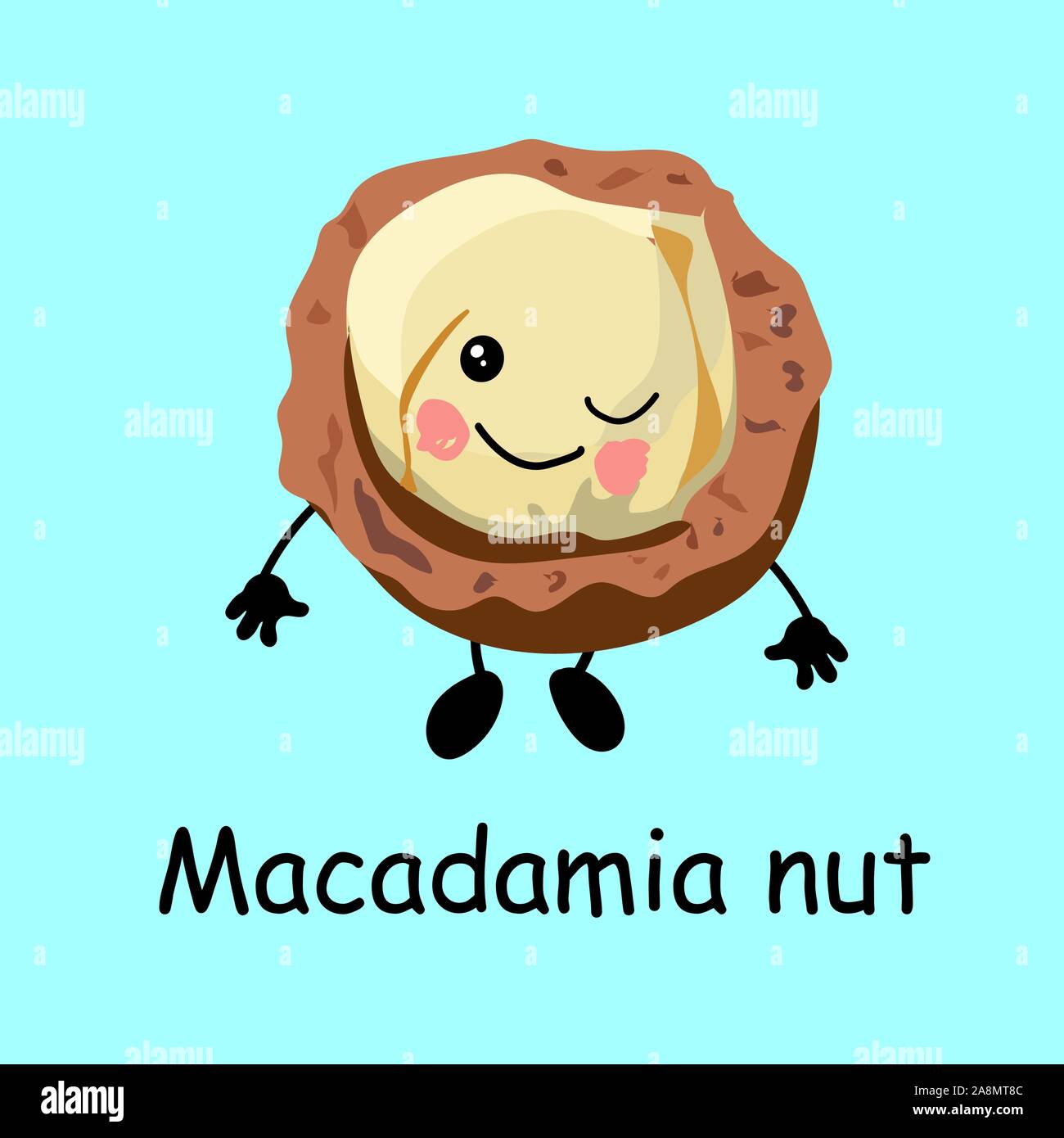 Macadamianuss. Süße Mutter Charakter mit Hände und Augen. Cartoon Obst oder Gemüse. Nützliche veganes Essen. Stock Vektor