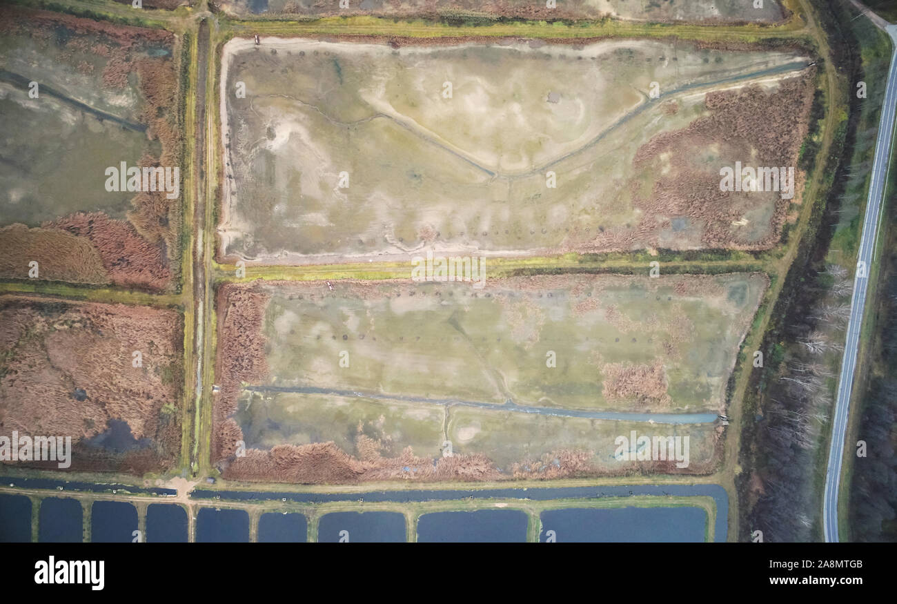 Braun und Grün agro Feld oberhalb der oberen drone Ansicht Stockfoto