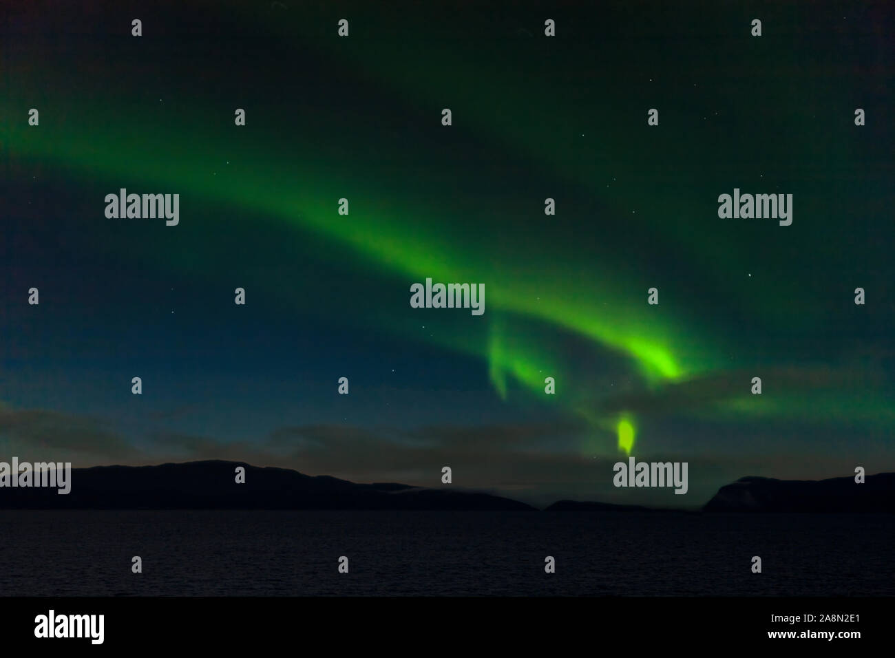 Die Aurora Borealis, aka Northern Lights: Mehamnfjorden, Gamvik, vest-sørvest - Finnmark, Nördliches Norwegen Stockfoto