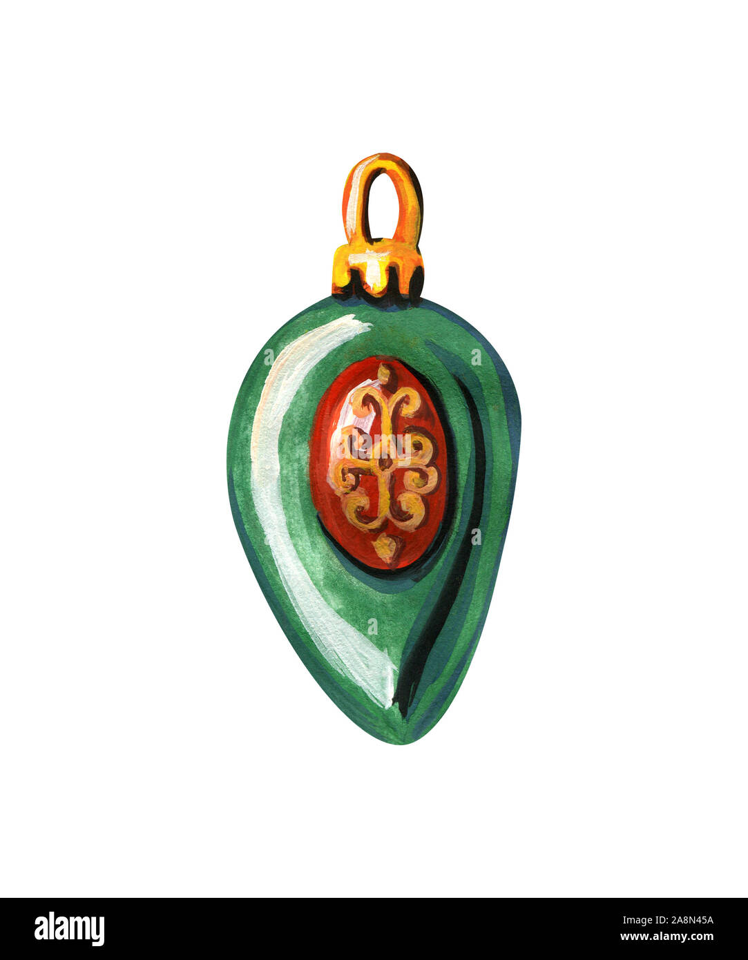 Weihnachtsbaum mit Weihnachtsdekoration. Eine grüne Spielzeug in der Form eines Tropfens mit einem roten Kreis und einem gold Ornament mit Goldrand. Hand in Gou gezeichnet Stockfoto