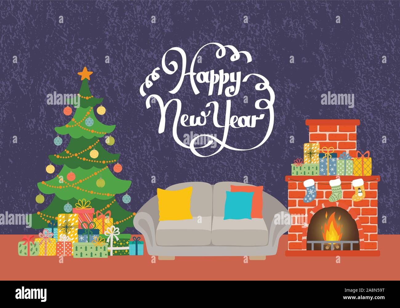 Weihnachten Wohnzimmer mit Sofa, Kamin, Weihnachtsbaum und Geschenke. Happy New Year Karte Stock Vektor