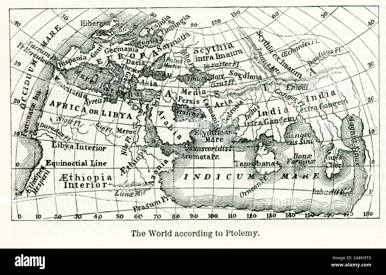 Hier sehen Sie die Welt nach Ptolemäus, eine Alexandrinische Astronom, der um 150 N.CHR. lebte seine Karte hauptsächlich der Listen der Orte auf den Karten, die zu der Zeit im Umlauf waren bestand, und dass er seine Behörden. Er fügte Breiten- und Längengrade. Stockfoto