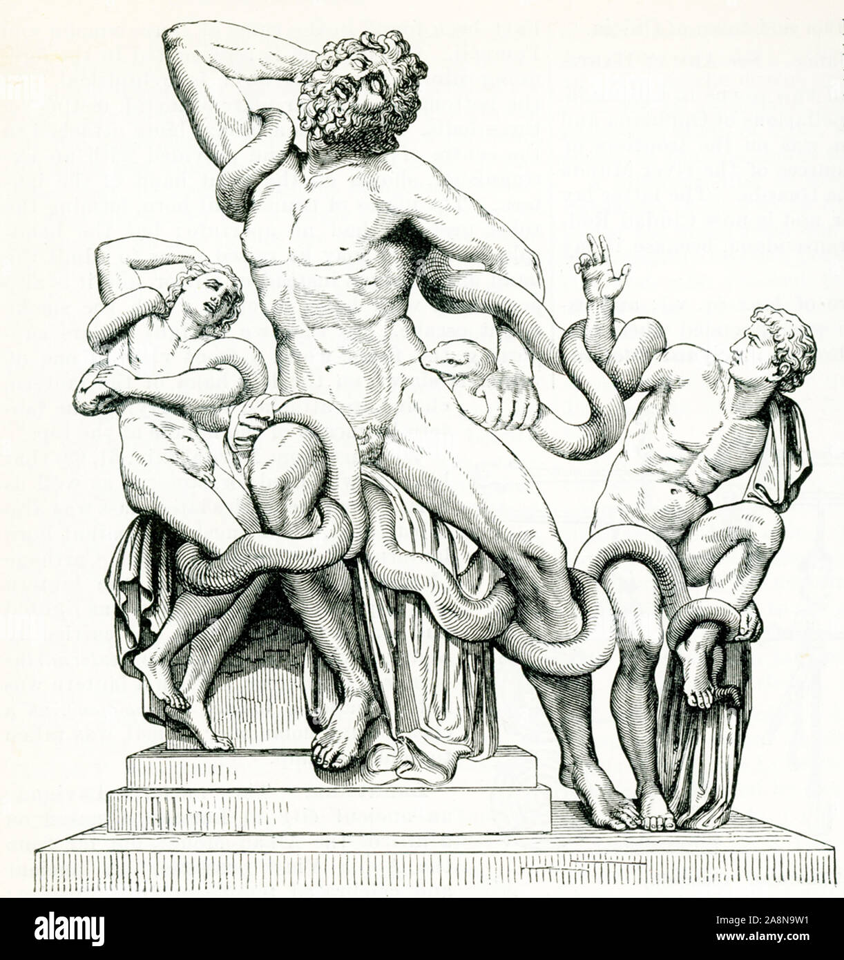 Dieses Bild stammt aus 1897 und ist eine Kopie einer Statue des Laokoon und seine Söhne. Nach der griechischen Mythologie, Laokoon warnte die Trojaner über das bringen das hölzerne Pferd durch die Griechen in Troja. Zu ruhig seine Proteste, ein Gott, der den Griechen bevorzugt wird (einige sagen Athena, andere Poseidon, andere Zeus) zum Meer Schlangen gesendet, um ihn zu töten - und mit ihm, seine Söhne. Stockfoto