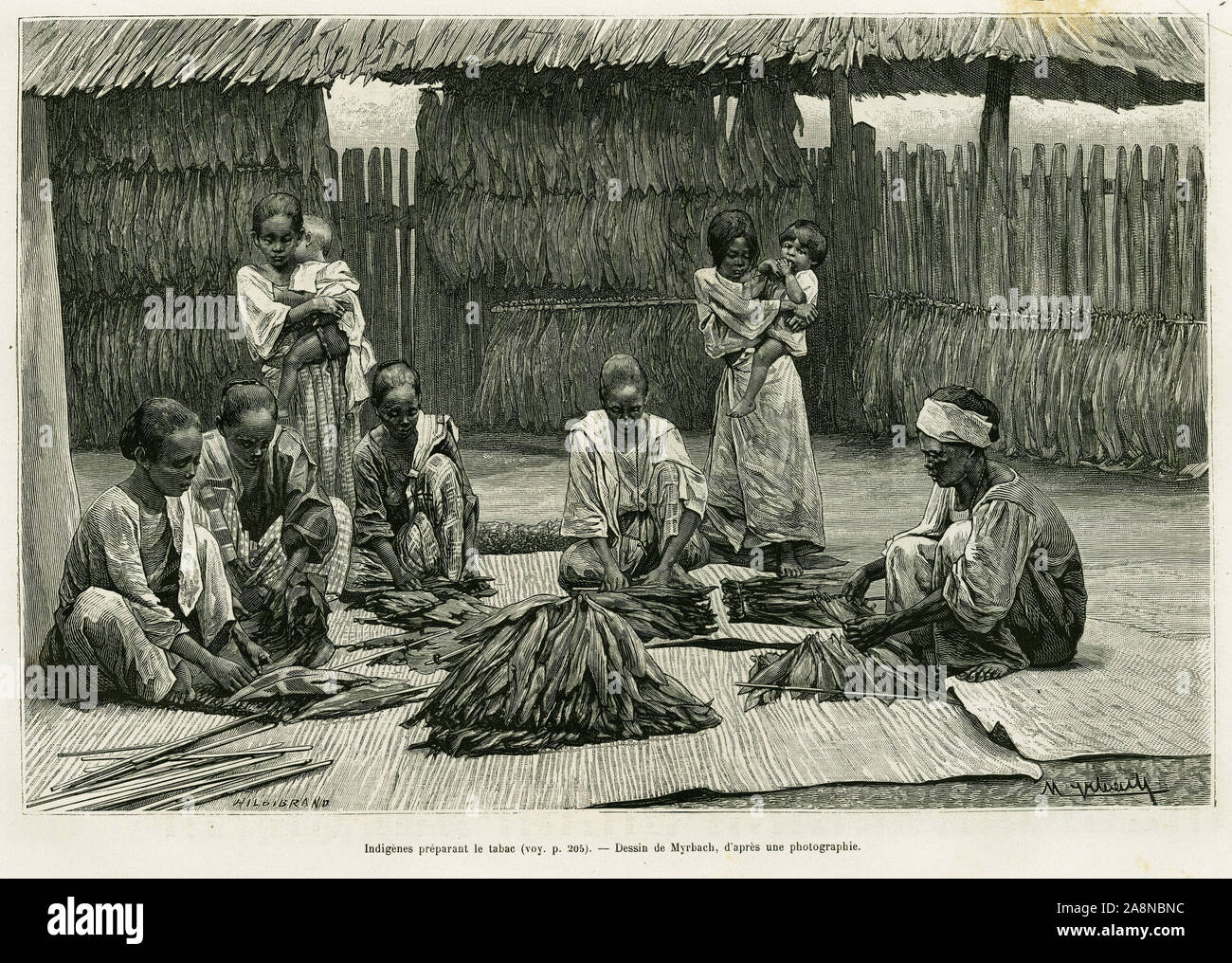 Indigenes preparant Le tabac. Tiefdruck de Myrbach pour le recit et illustrer Lucon Palaouan, sechs annees aux Philippinen, par Alfred Marche (1844-1898), Stockfoto