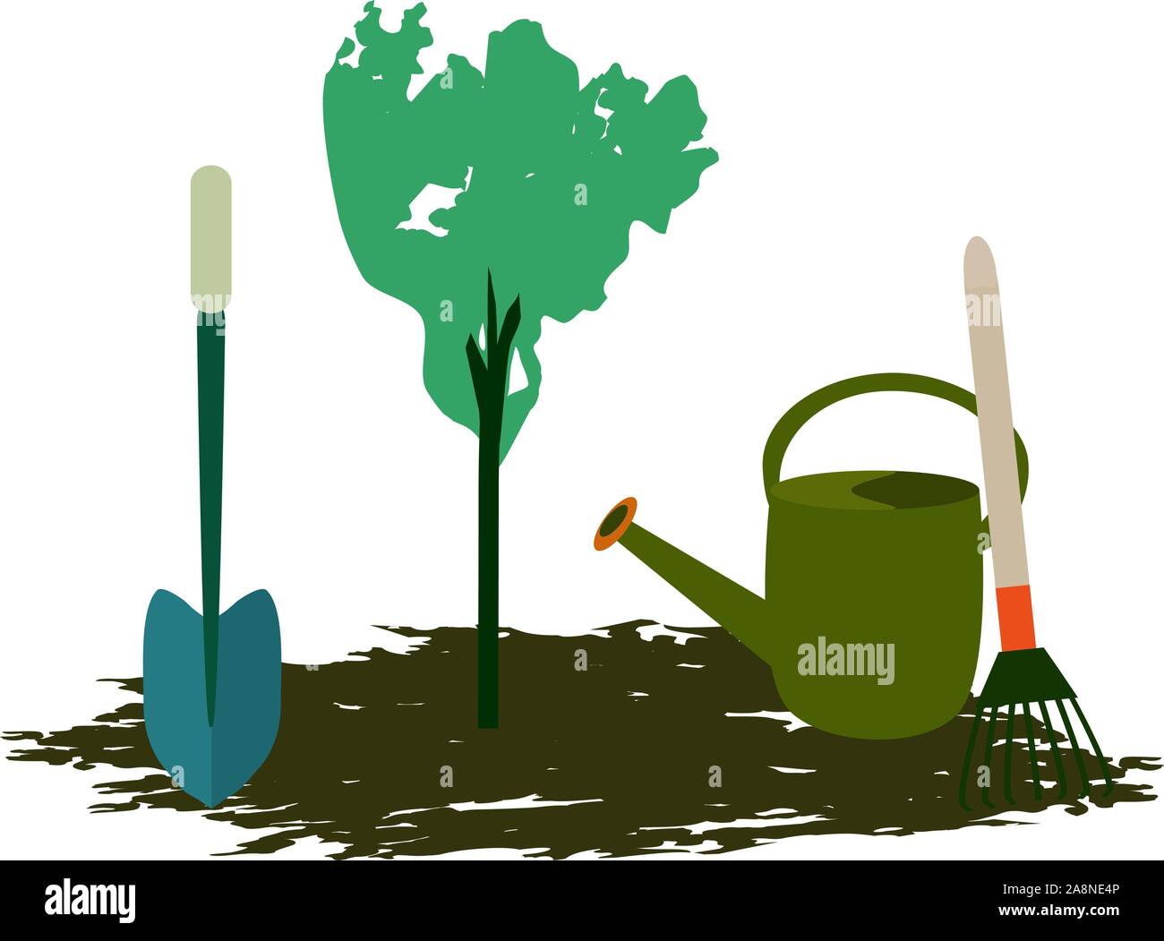 Einen Baum pflanzen. Garten Werkzeug Schaufel und Rechen. Vector  Illustration auf isolierte Hintergrund Stock-Vektorgrafik - Alamy