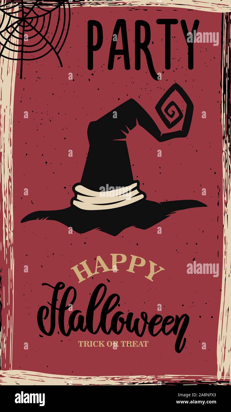 Flyer Vorlage von Halloween Party. Hexe Hut auf grunge Hintergrund. Design Element für Poster, Karten, Banner. Vector Illustration Stock Vektor
