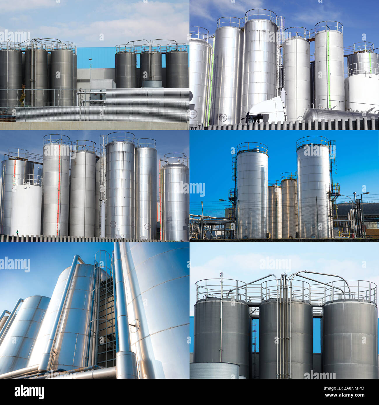 Ein Silos Collage für chemische Produkte. Stockfoto