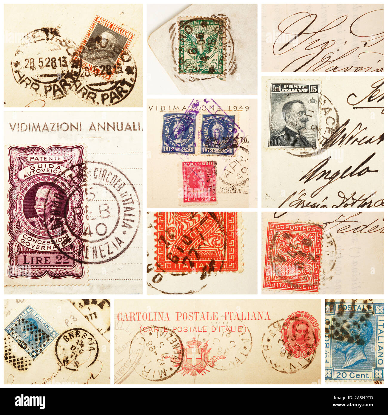 Eine Collage aus alten Briefmarken und Briefmarken Stockfoto