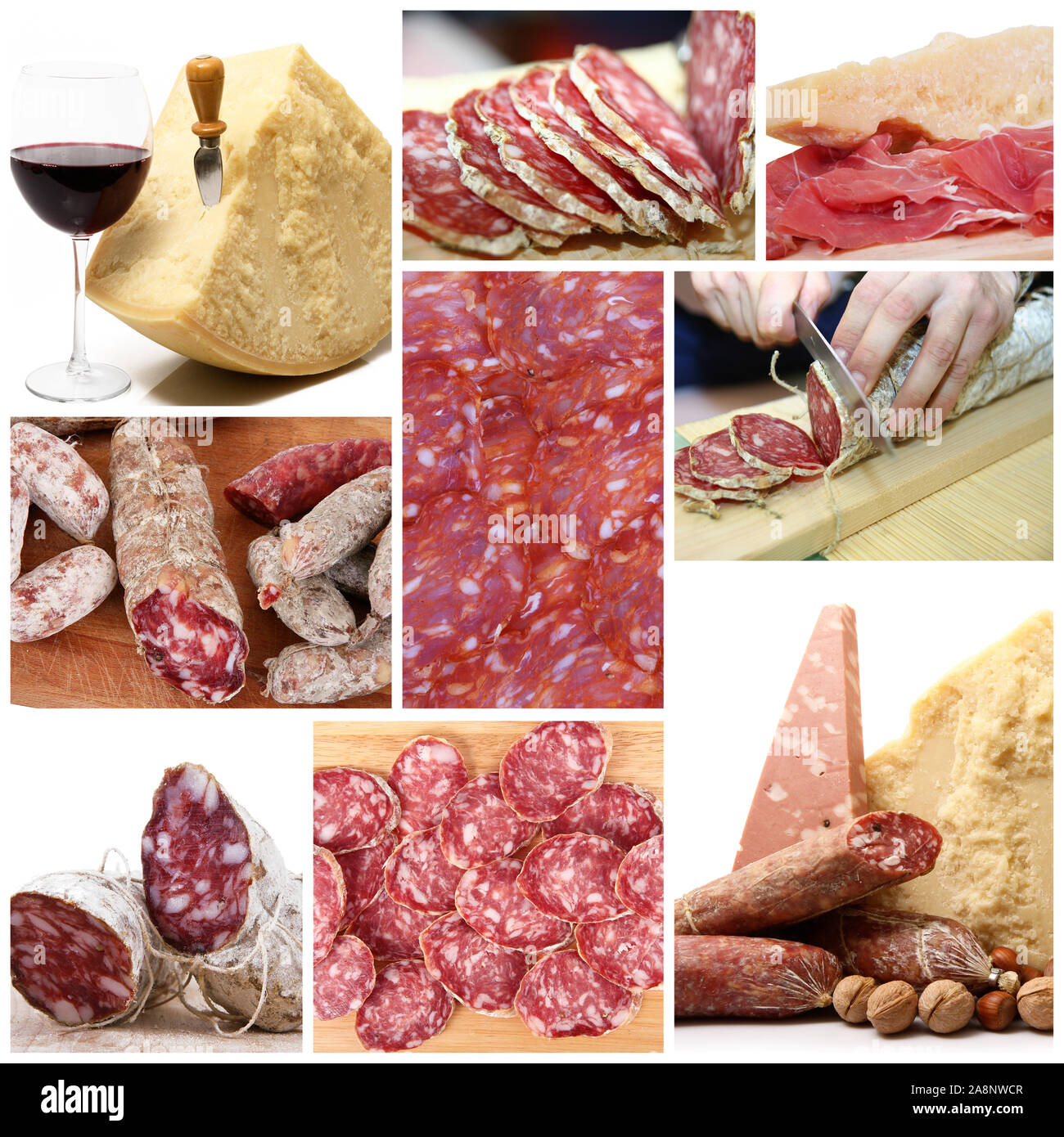 Collage der italienische Spezialitäten wie Käse und Salami Stockfoto