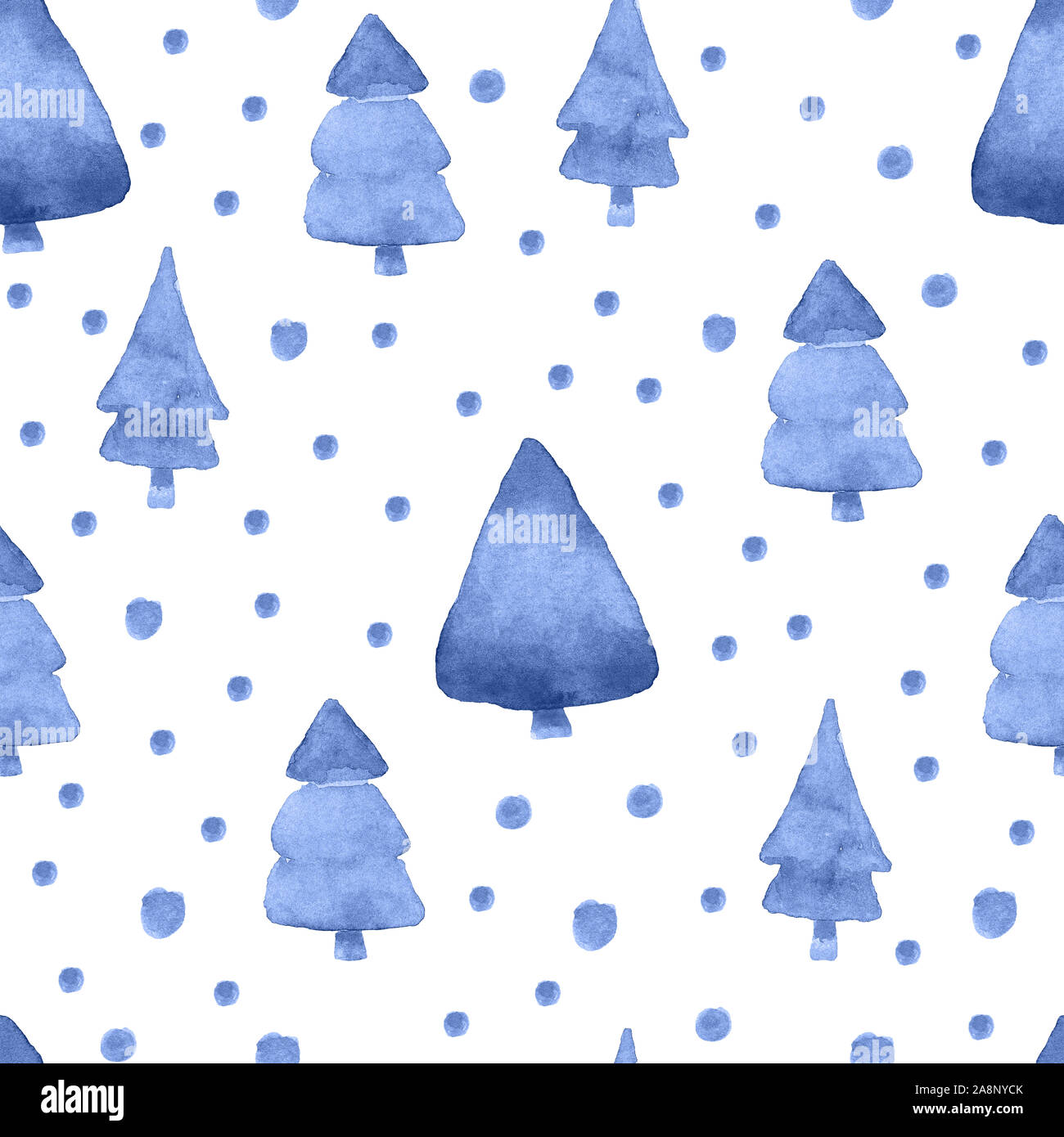 Cute blau Aquarell nahtlose Muster mit Tannen. Von Hand bemalt Neues Jahr Wald Textur für Textilwaren, Geschenkpapier, Oberfläche, Tapeten, Hintergrund Stockfoto