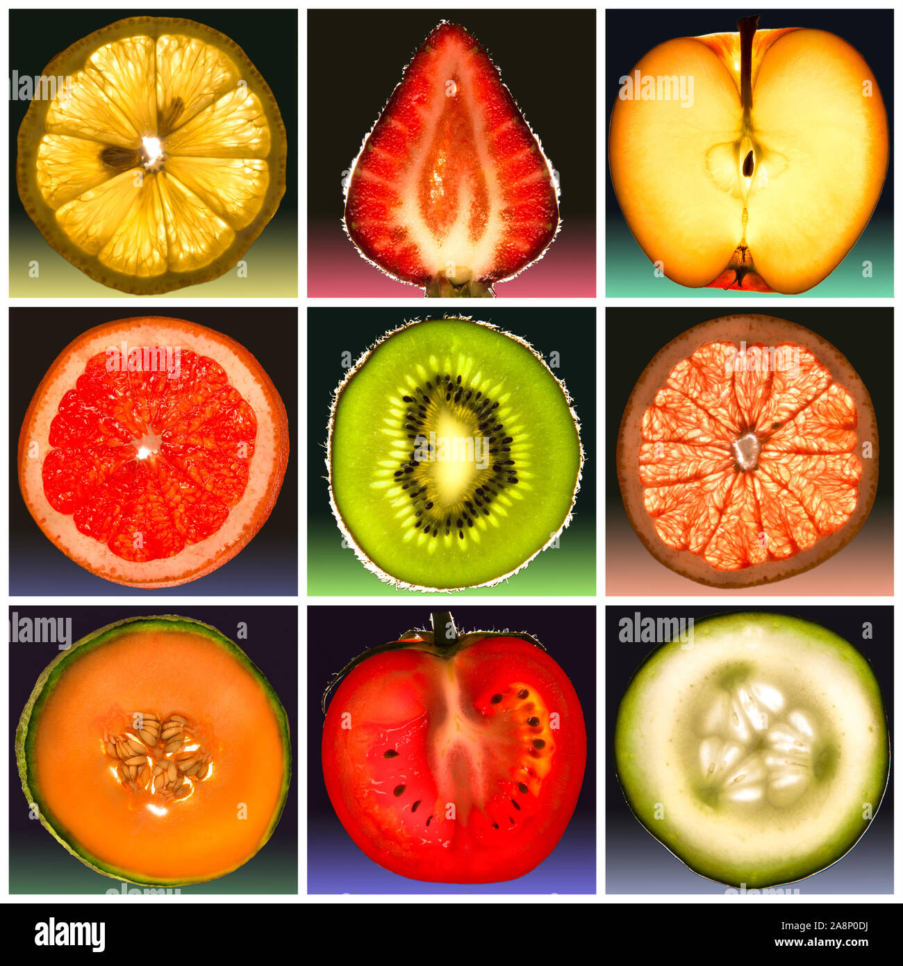 Scheiben von frischem Obst und Gemüse in der Hintergrundbeleuchtung Stockfoto