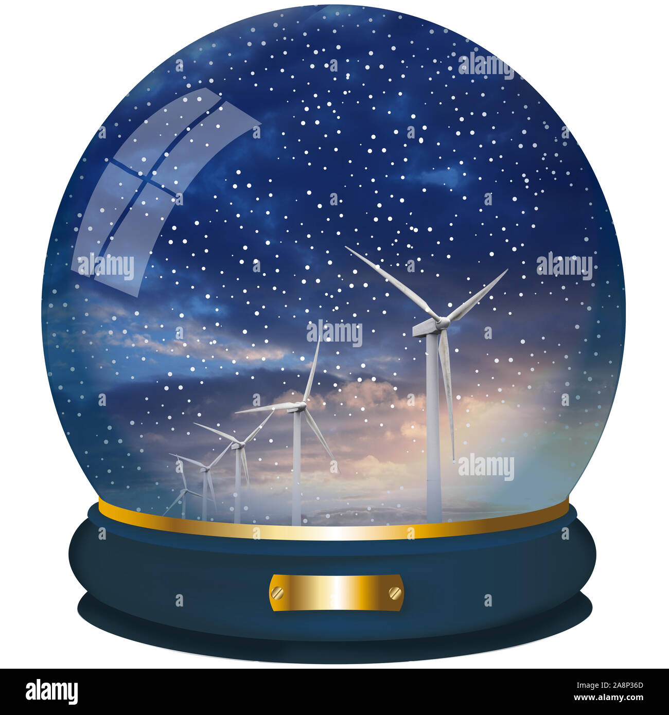 Crystall Ball mit einer Windenergieanlage auf weißem Hintergrund Stockfoto