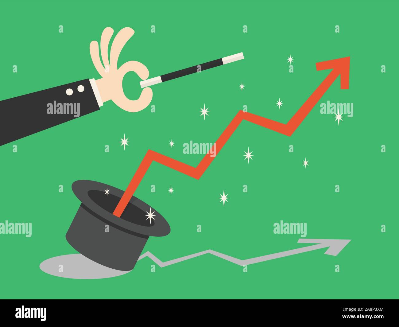 Finanzielle graph Fliegen aus magischen Hut und Hand mit Zauberstab. Wachstum, Einkommen, Ersparnisse, Investitionen. Symbol für Reichtum. Den geschäftlichen Erfolg. Flache styl Stock Vektor