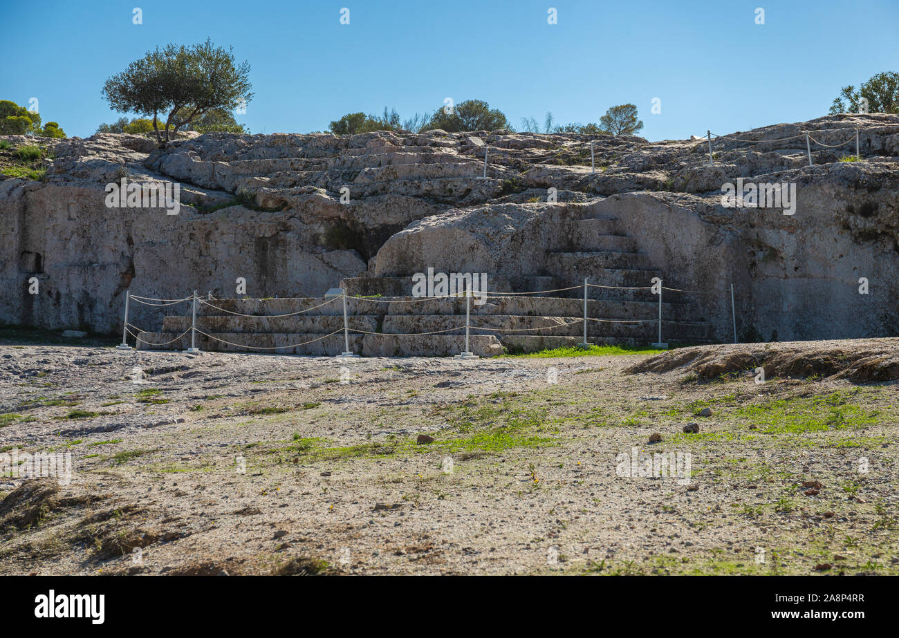 Ruinen des antiken Pnyx - der Ort der Demokratie geboren, Athen, Griechenland Stockfoto