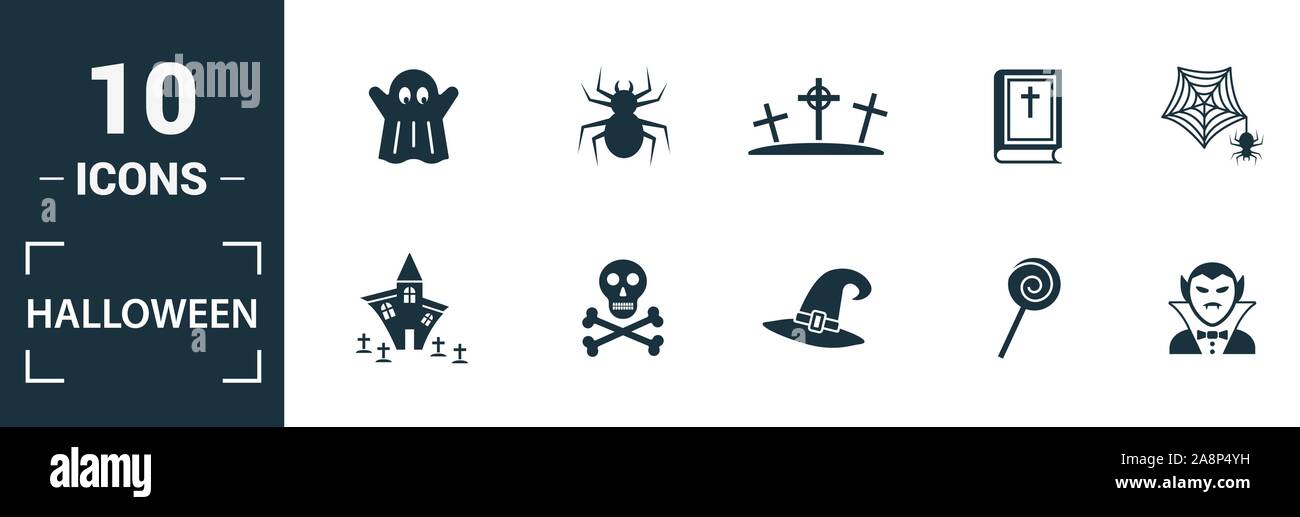 Halloween Icon Set. Gehören kreative Elemente Skelett, Sarg, Schädel, Fledermäuse und Vampire Symbole. Kann für Bericht, Präsentation, Grafik, Web Design Stock Vektor