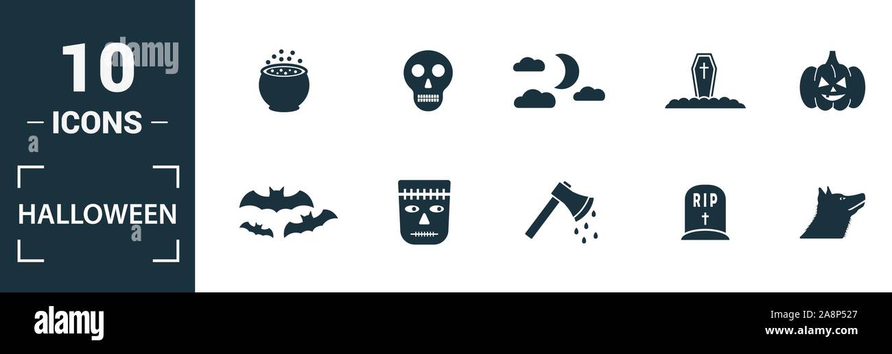 Halloween Icon Set. Gehören kreative Elemente Skelett, Sarg, Schädel, Fledermäuse und Vampire Symbole. Kann für Bericht, Präsentation, Grafik, Web Design Stock Vektor