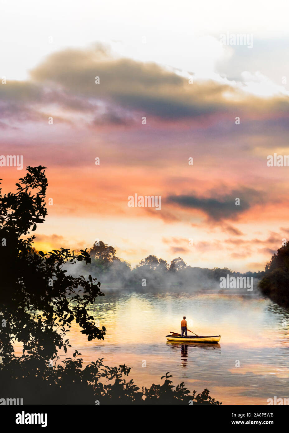 Abbildung: ein Mann in einem Boot bei Sonnenuntergang, Blick flussaufwärts als Stream von Rauch oder Nebel driftet stromabwärts, geeignet für Buch Cover Stockfoto