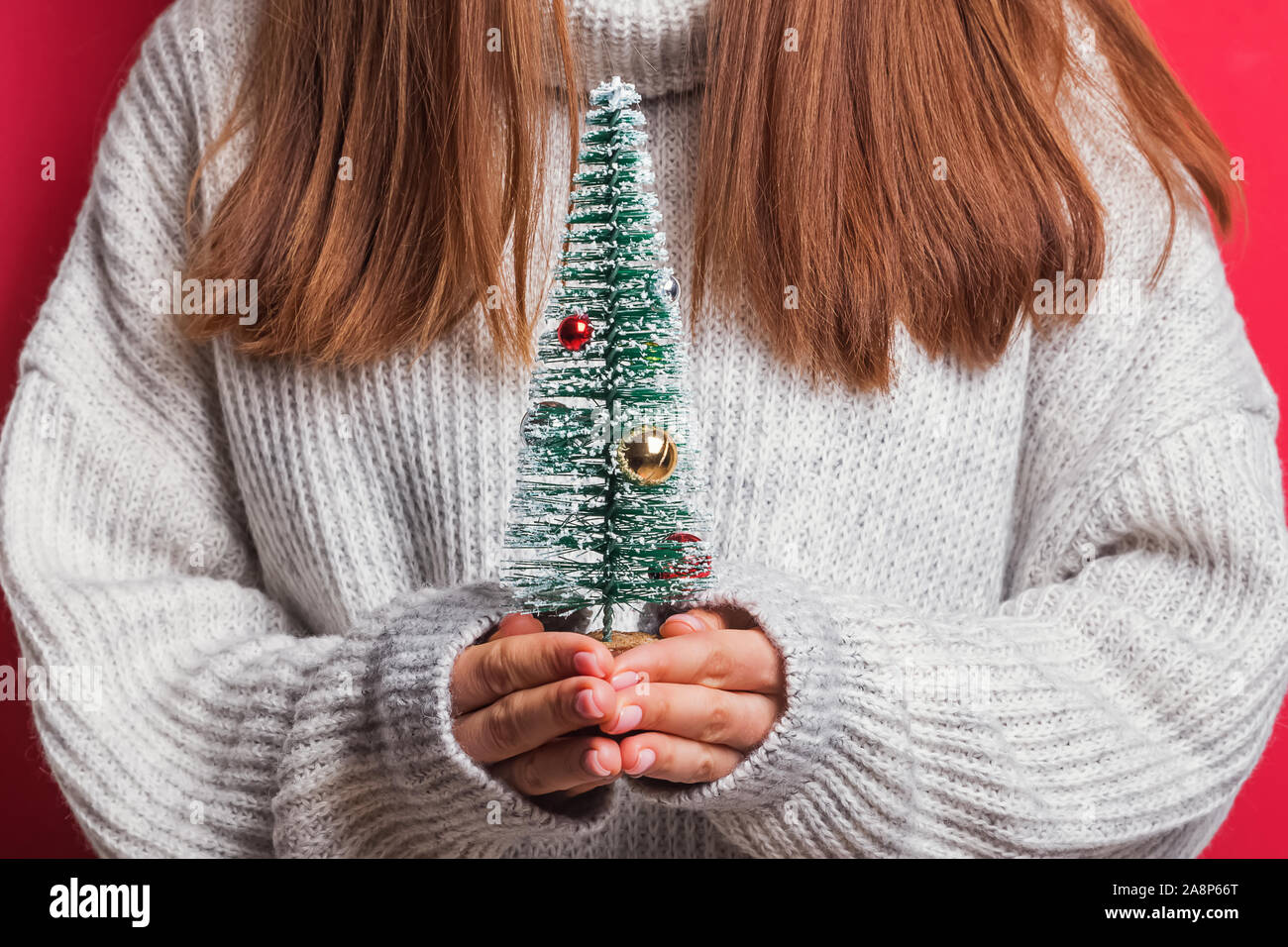 Frau in gemütlichen Pullover mit dekorativen mini Weihnachtsbaum Stockfoto