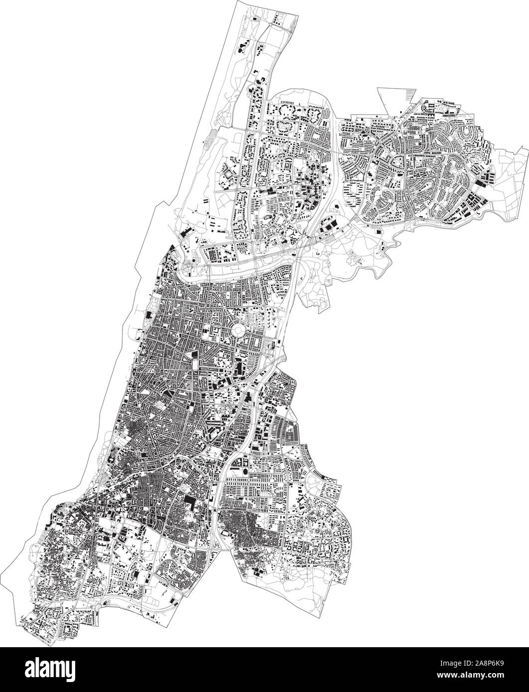 Satelliten Karte von Tel Aviv und Gebäude, Israel. Karte Straßen, Straßen und Autobahnen, Flüsse. Verkehrsmittel Karte Stock Vektor