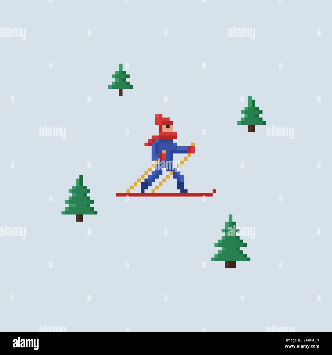 Pixel Art Vektor 8 Bit Illustration - Mann in rot hut und blaue Jacke Skifahren und weihnachtsbäume auf Licht Blauer Hintergrund Stock Vektor