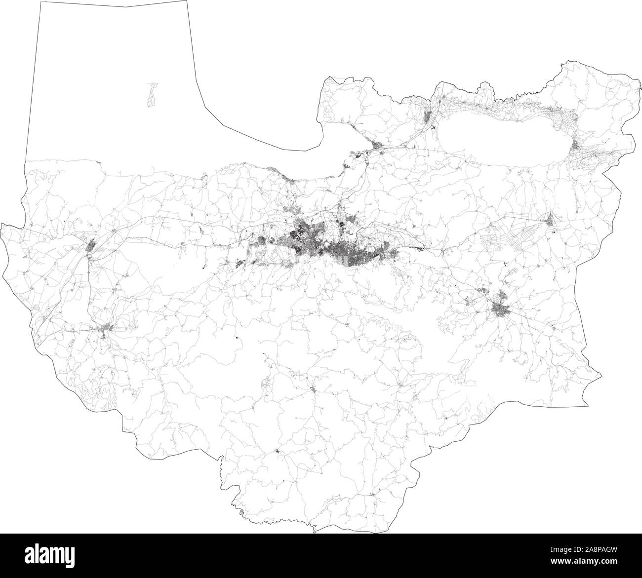 Satelliten Karte von Bursa und Gebäuden, die Türkei. Karte Straßen, Straßen und Autobahnen, Flüsse. Verkehrsmittel Karte Stock Vektor