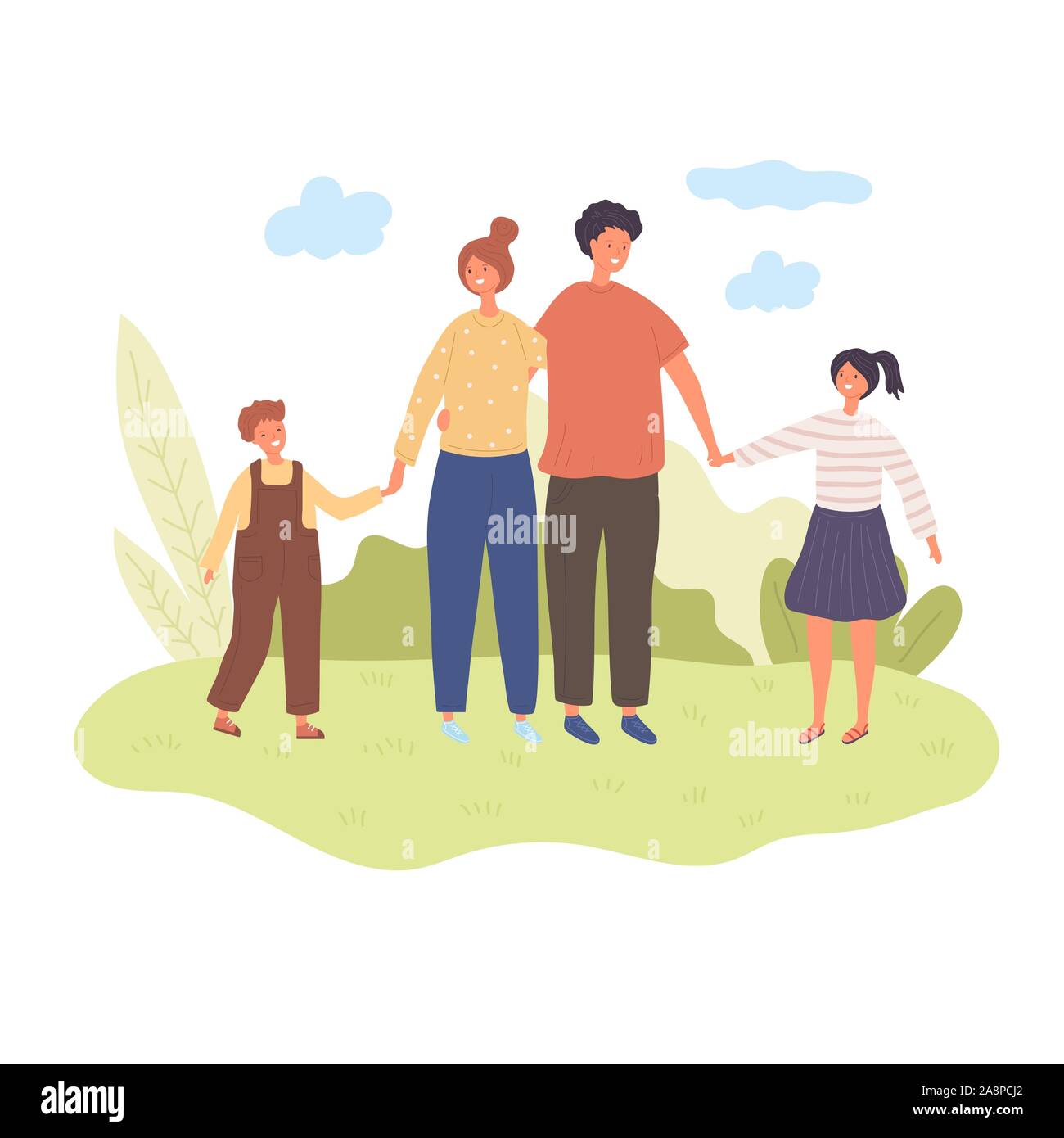 Spaß Familie Fuß in den Park. An der Natur. Vector Illustration in einem flachen Stil Stock Vektor