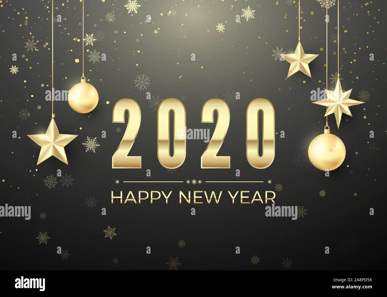 Golden Christmas Ball und Sterne. Neues Jahr Dekoration Hintergrund. Gold Schneeflocken und Begrüßungstext. Frohes Neues Jahr 2020. Vektor Stock Vektor