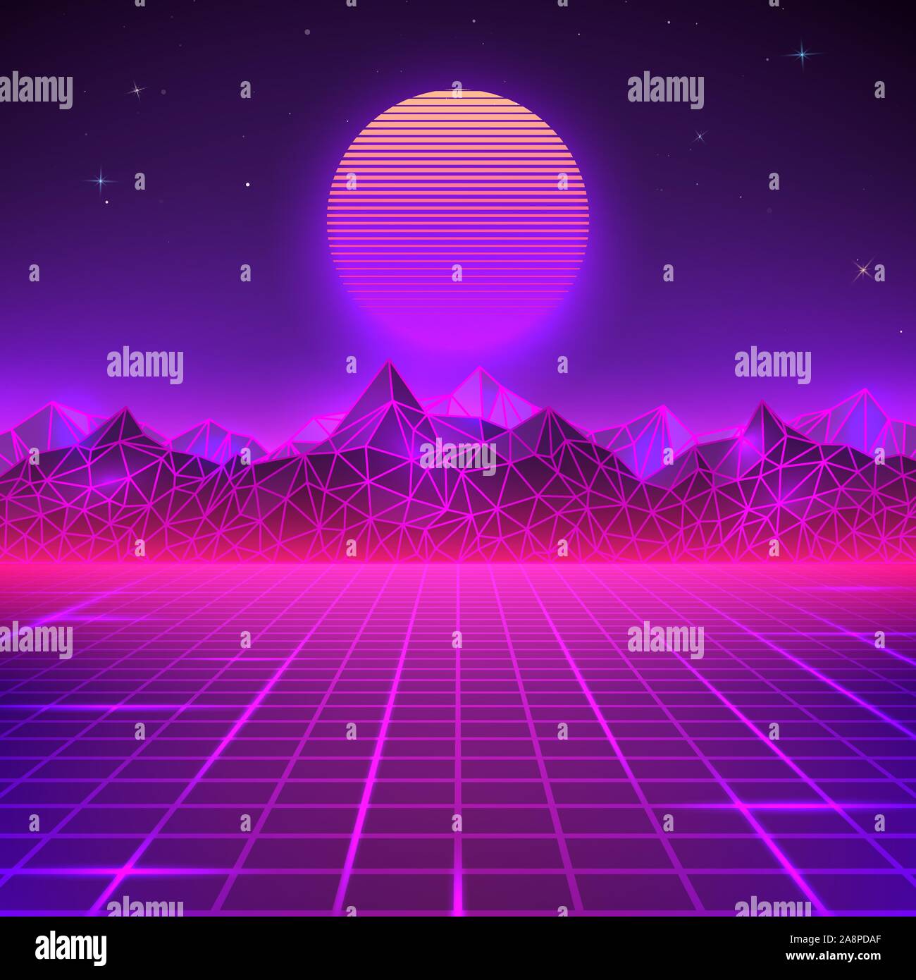 Retro Landschaft in violetten Farbtönen. Futuristischer planet neon Berge und den Sonnenuntergang im Hintergrund. Sci-fi geometrisch-abstrakte Landschaft. Vector Illustration Stock Vektor
