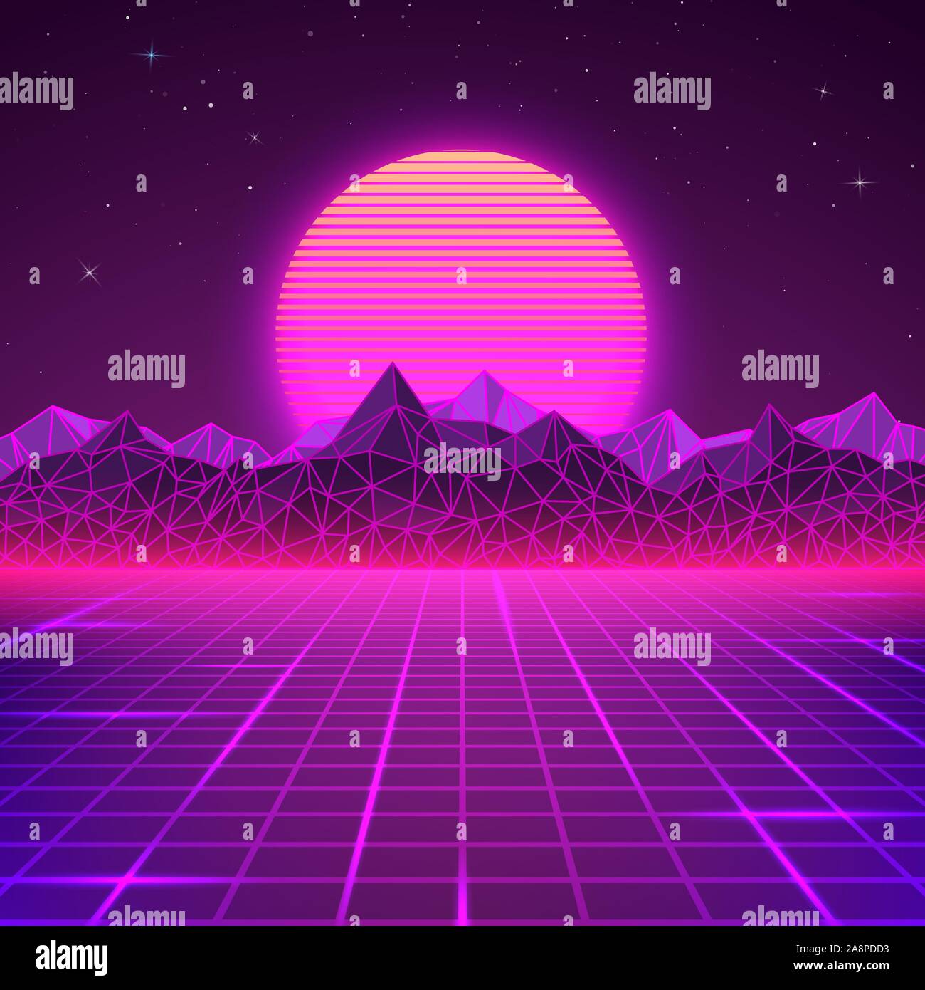 Retro Landschaft in violetten Farbtönen. Futuristischer planet neon Berge und den Sonnenuntergang im Hintergrund. Sci-fi geometrisch-abstrakte Landschaft. Vektor Stock Vektor