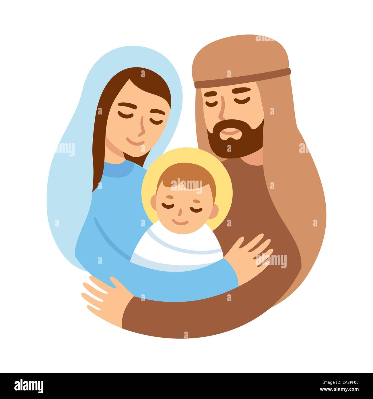 Abbildung Weihnachten Krippe mit Maria und Josef umarmt Baby Jesus. Süß und einfachen cartoon Vektor Zeichnung. Stock Vektor