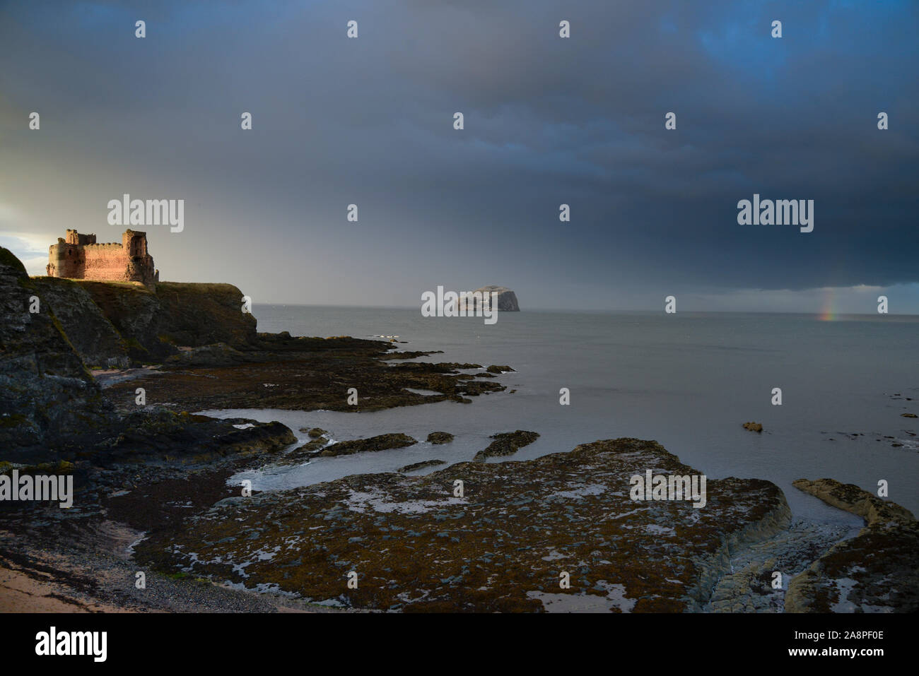 Tantallon Castle, Mitte des 14. Jahrhundert Festung, östlich von North Berwick, in East Lothian, Schottland mit Blick auf den Firth-of-Forth und der Bass Rock. Stockfoto