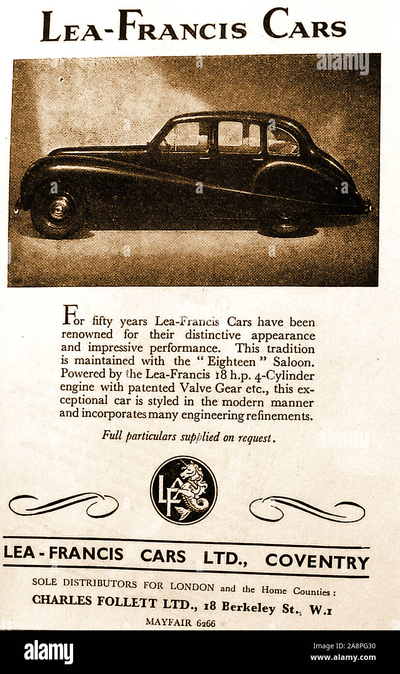 Ein Vintage Werbung ca. 1949 für die Lea-Francis '18 '18 PS Limousine in Coventry, England hergestellt. Sie waren (wie Fahrrad Hersteller) in Coventry 1895 gegründet von Richard Henry Lea und Graham Francis. Sie gingen auf Motorrädern auch zu produzieren. Stockfoto