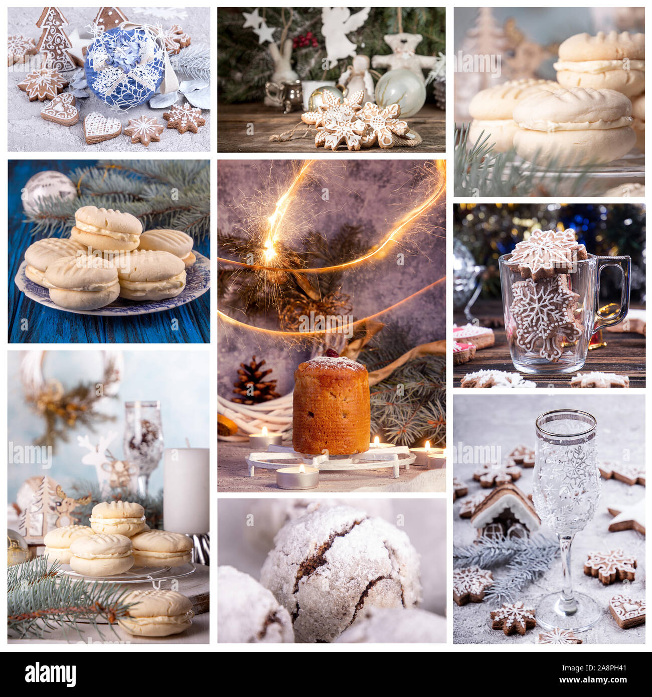 Weihnachten Neujahr süßes Gebäck Desserts. Set Sammlung traditioneller Weihnachten Süßigkeiten. Collage aus schönen festlichen Bilder. Stockfoto