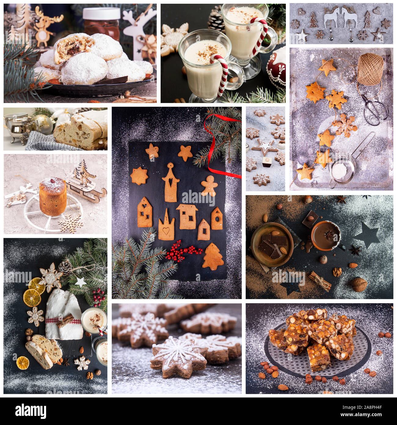 Weihnachten Neujahr süßes Gebäck Desserts. Der traditionelle Weihnachten Süßigkeiten. Collage aus schönen festlichen Bilder. Stockfoto