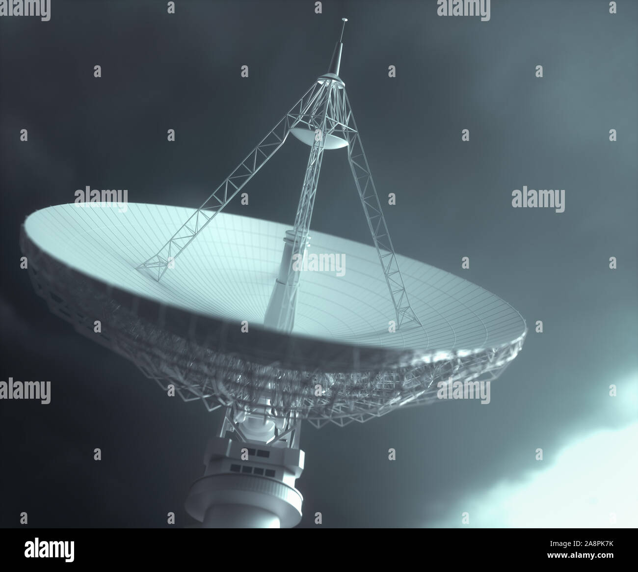 Riesige Satellitenantenne Teller für Kommunikation und Empfang des Signals aus dem Planeten Erde. Beschneidungspfad enthalten. 3D-Darstellung. Stockfoto