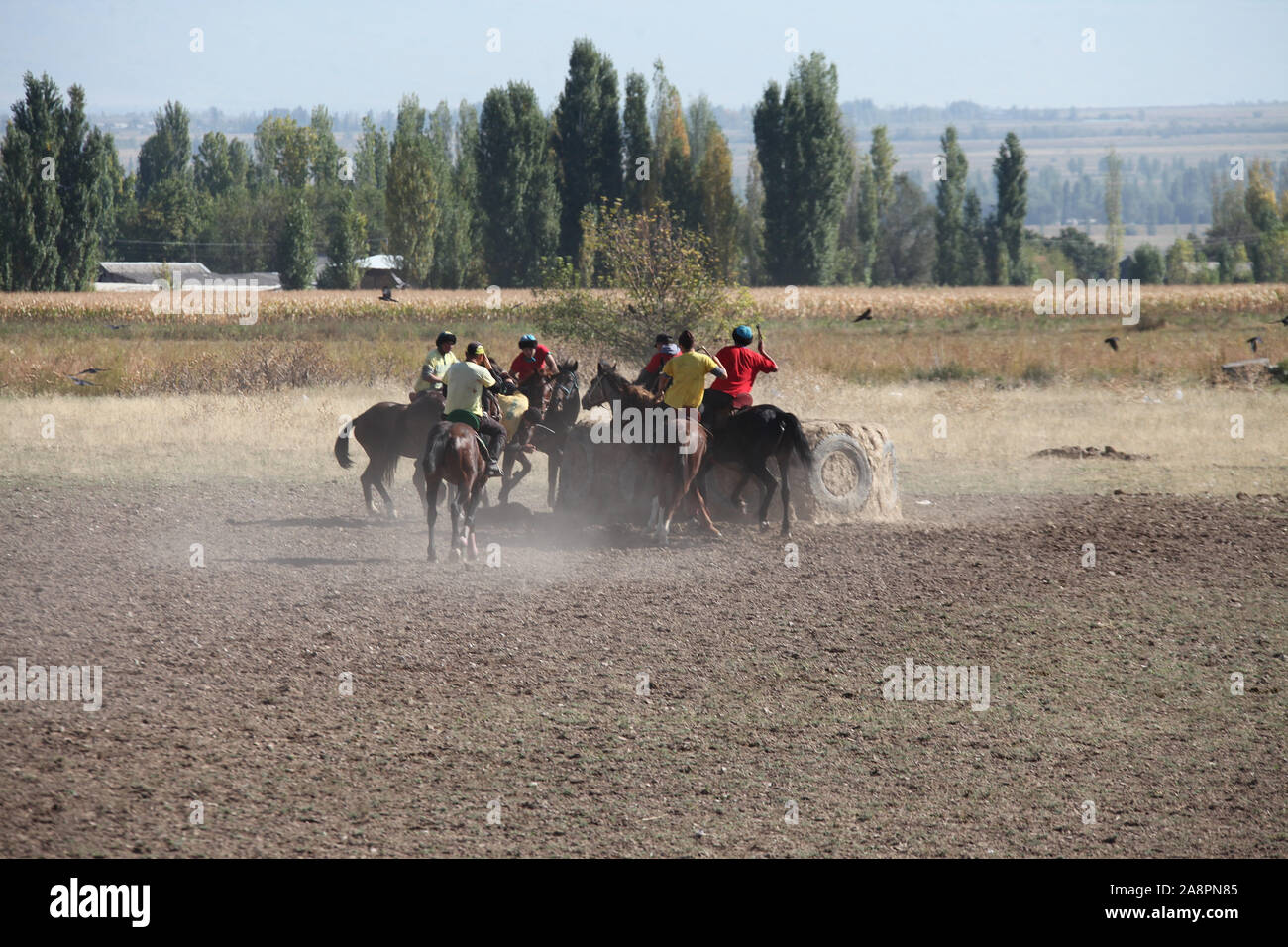 Reiter spielen traditionelle buzashi mit einer Ziege Karkasse in Kirgisistan Stockfoto