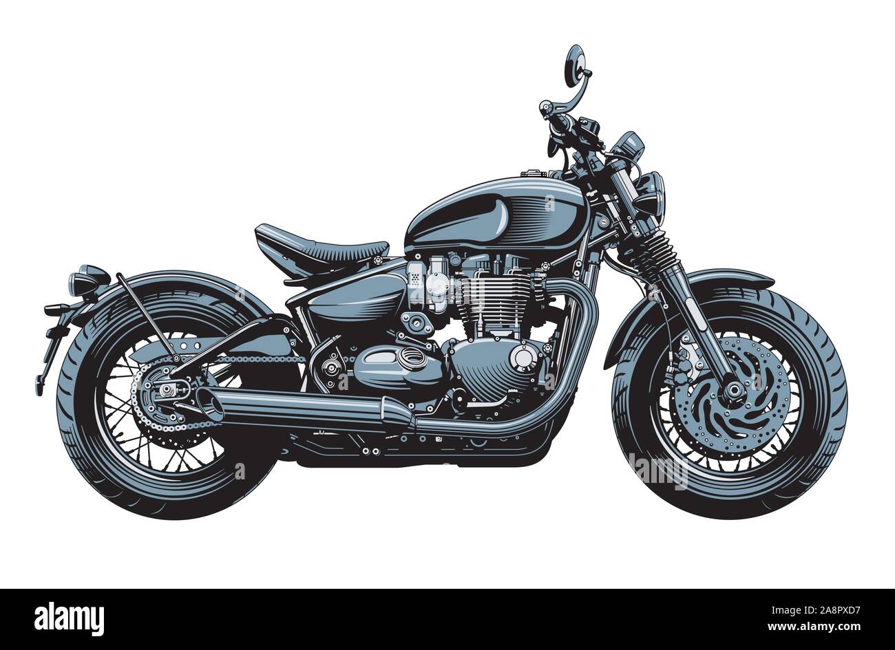 Bobber oder Chopper Motorrad, Seitenansicht, auf weißem Hintergrund. Monochrome hoch detaillierte Vector Illustration. Stock Vektor