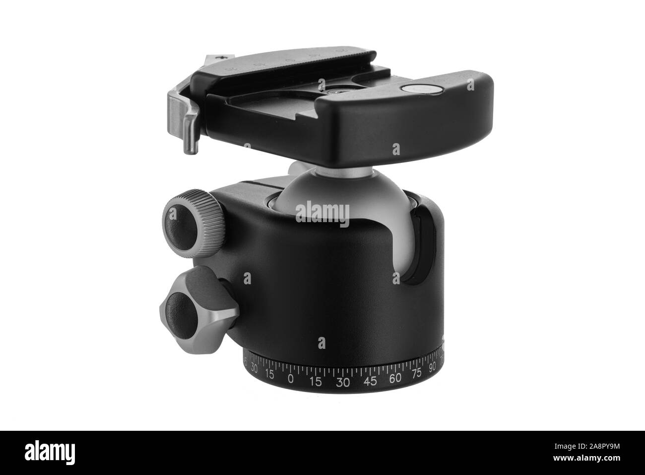 Kamerastativ Kugelkopf isoliert auf weißem Hintergrund Stockfoto