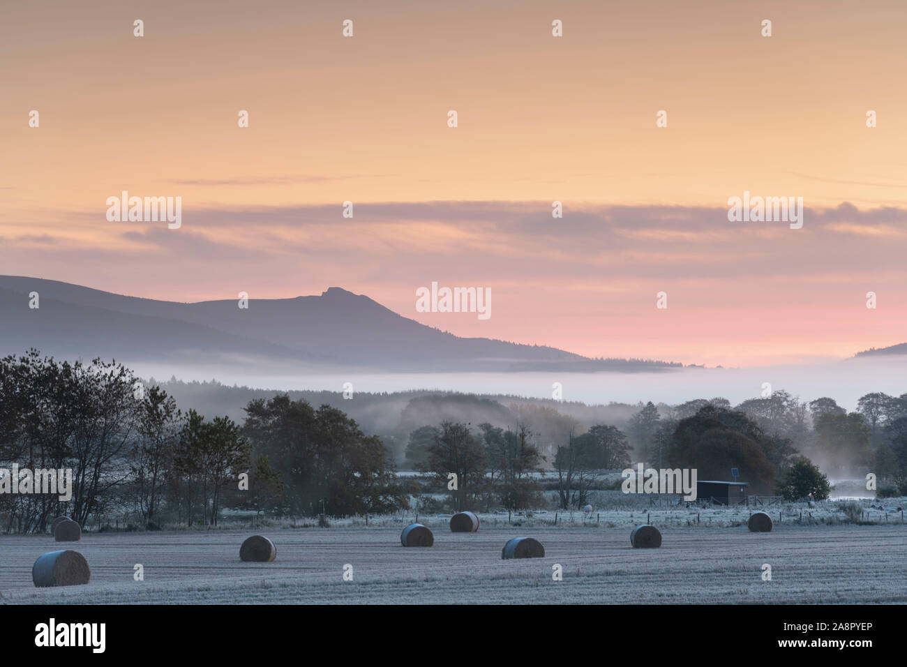 Ein Blick auf die Aberdeenshire Landschaft am Ufer des Flusses Don in Alford, Richtung Bennachie mit den SEPA-Monitoring Station am Flussufer Stockfoto