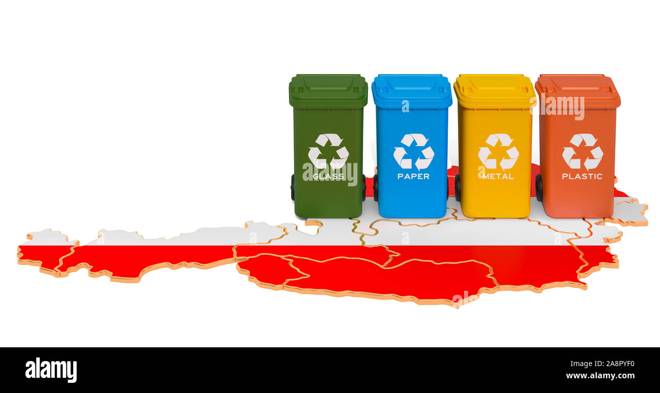 Verwertung von Abfällen in Österreich. Farbige Mülltonnen auf der Karte von Österreich, 3D-Rendering auf weißem Hintergrund Stockfoto
